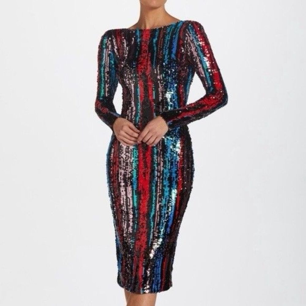Dress The Population Women’s Emery Long Sleeve Sequin Midi Dress Multicolor Sm